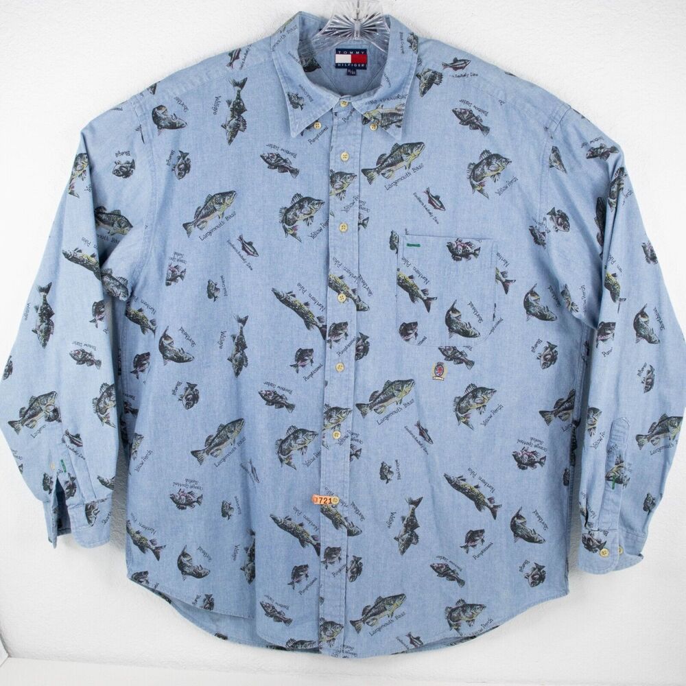 Tommy Hilfiger Blue Denim Fish Long Sleeve Shirt Mens SIZE XL